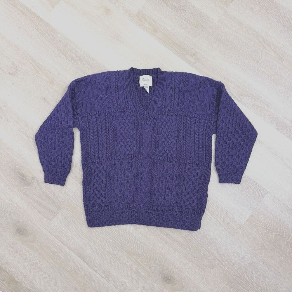 VTG Express Hand Knit V-Neck Sweater M Purple Ramie Cotton Chunky Cottage Beach
